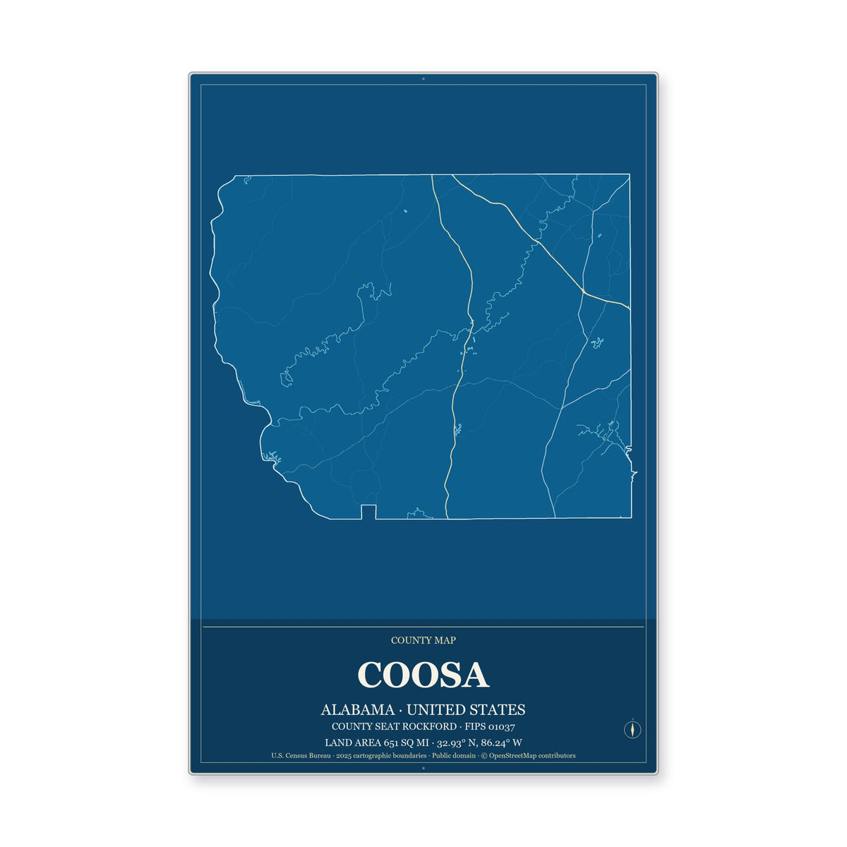 Coosa County, Alabama Map Aluminum Sign in Harbor Cobalt style