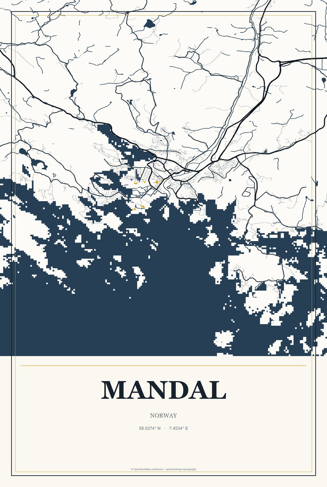 Mandal, Norway City Map Aluminum Sign in Citrine Modern style