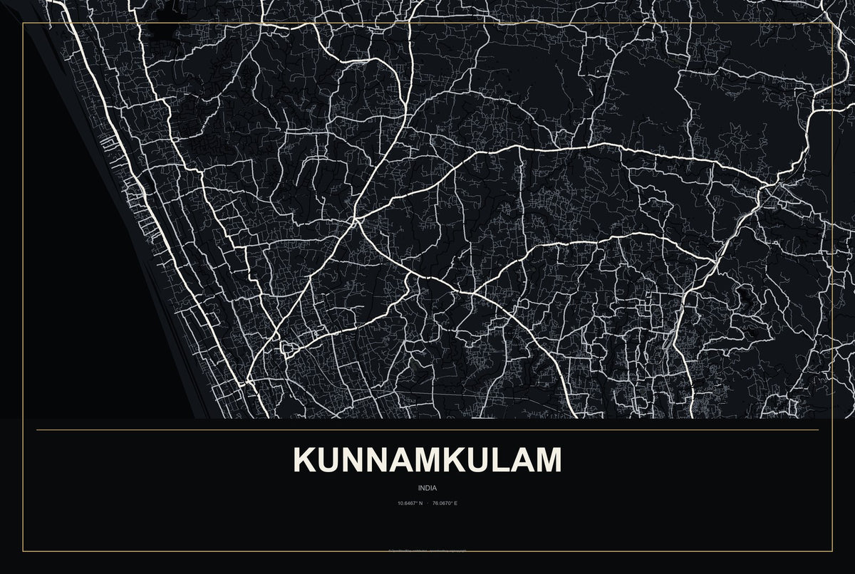 Kunnamkulam, India City Map Aluminum Sign in Metropolitan Noir style