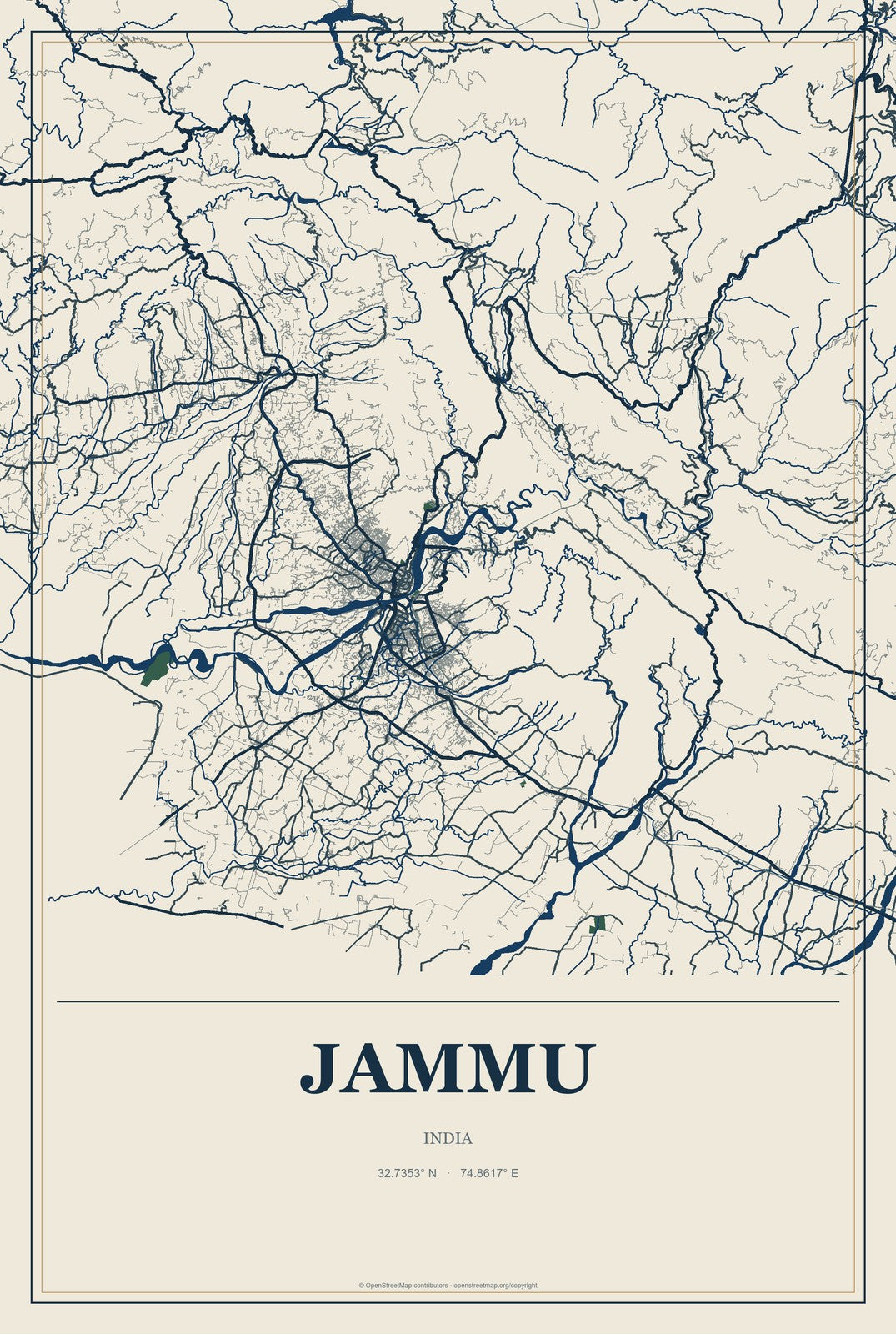 Jammu, India City Map Aluminum Sign in Coastal Cutout style
