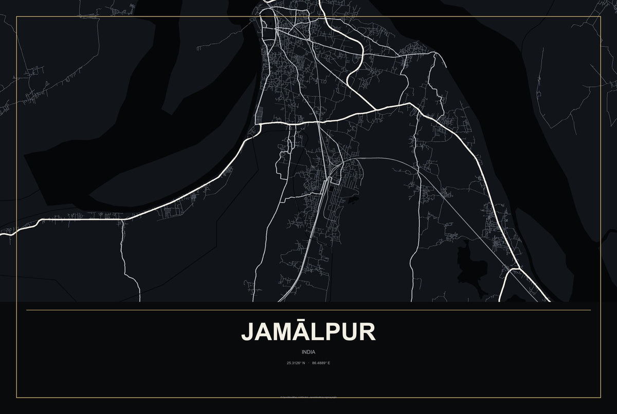 Jamālpur, India City Map Aluminum Sign in Metropolitan Noir style