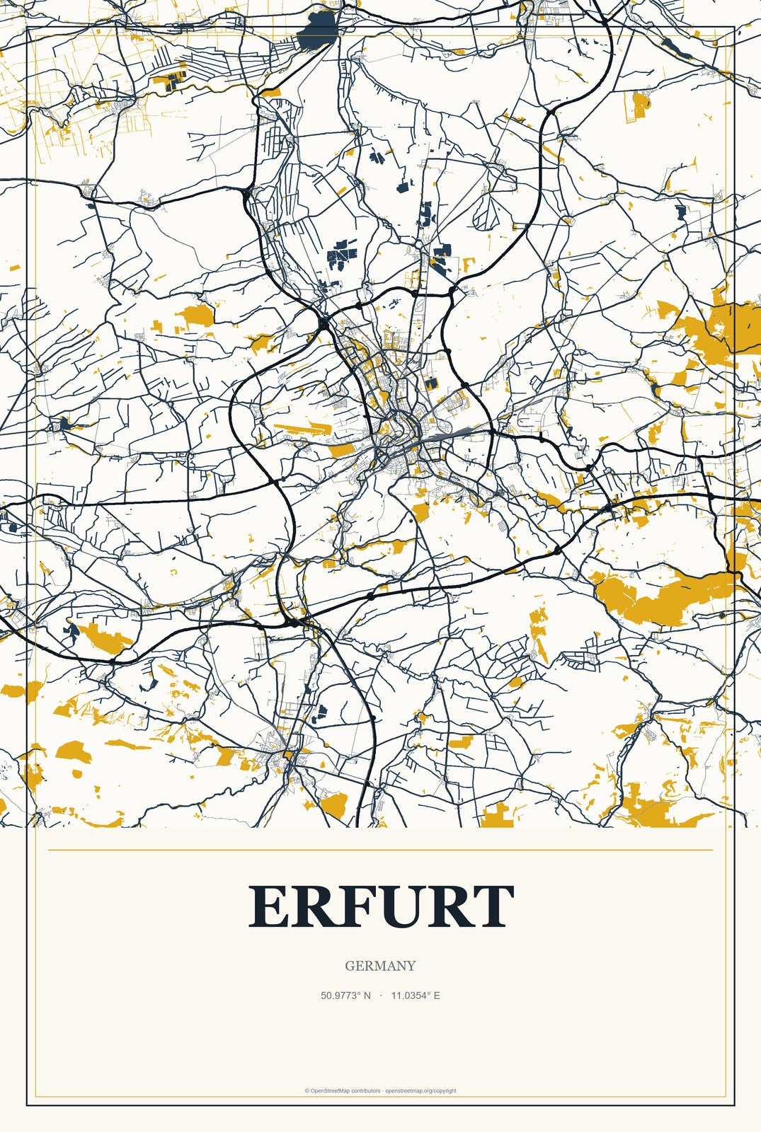 Erfurt, Germany City Map Aluminum Sign in Citrine Modern style