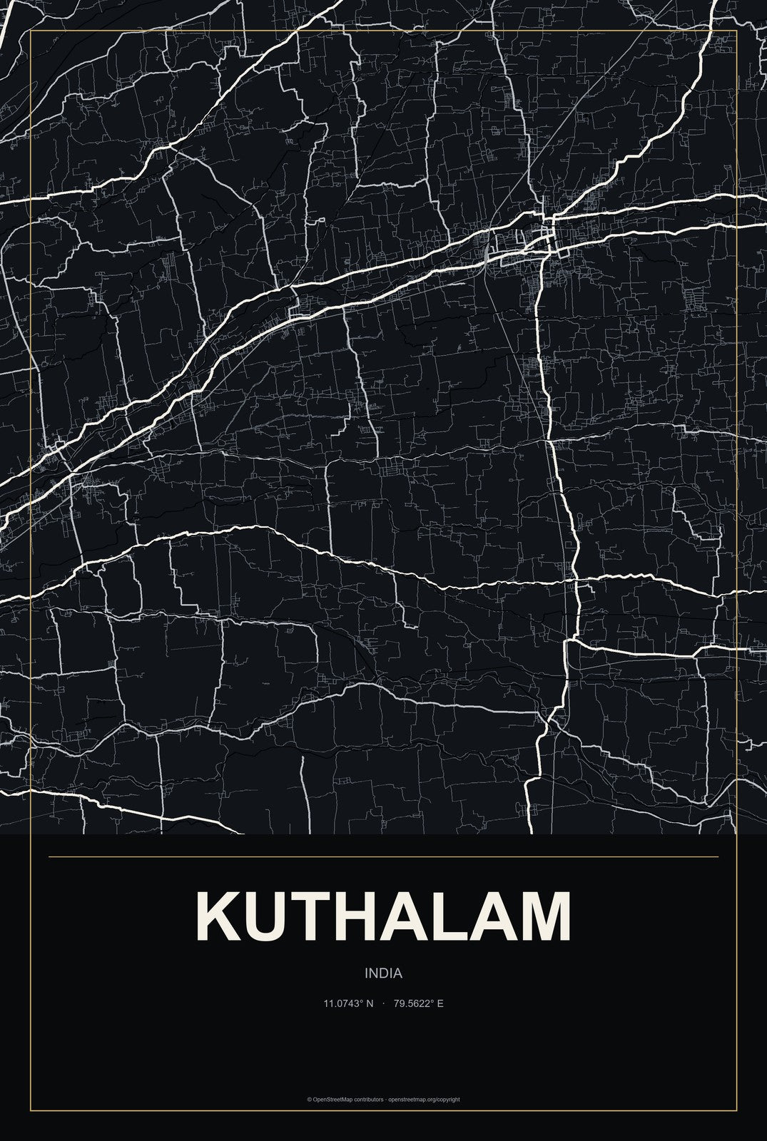Kuthalam, India City Map Aluminum Sign in Metropolitan Noir style