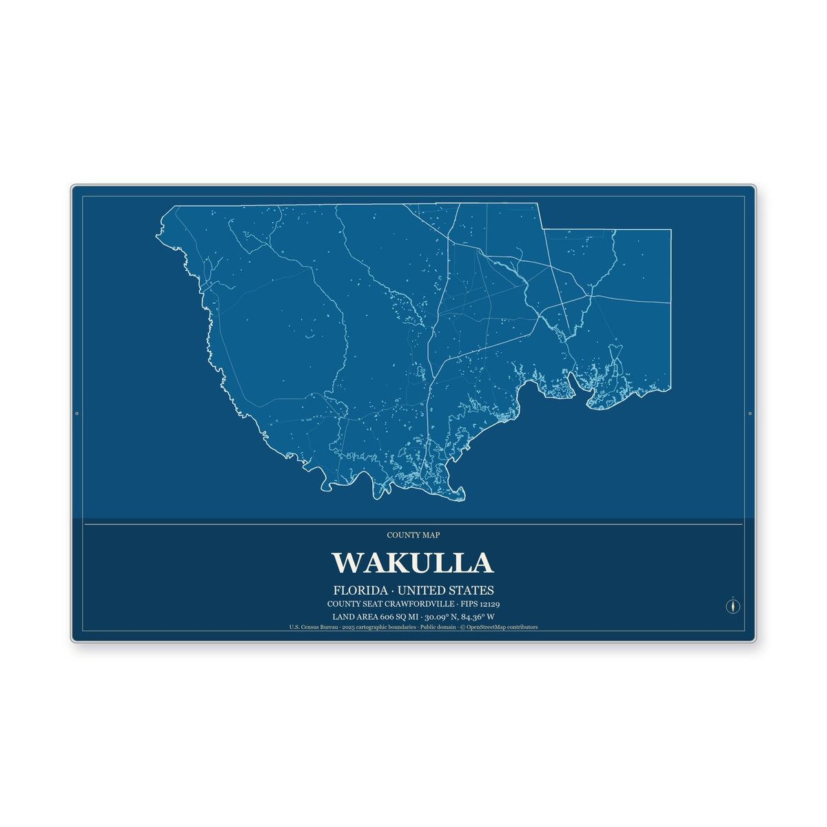 Wakulla County, Florida Map Aluminum Sign in Harbor Cobalt style