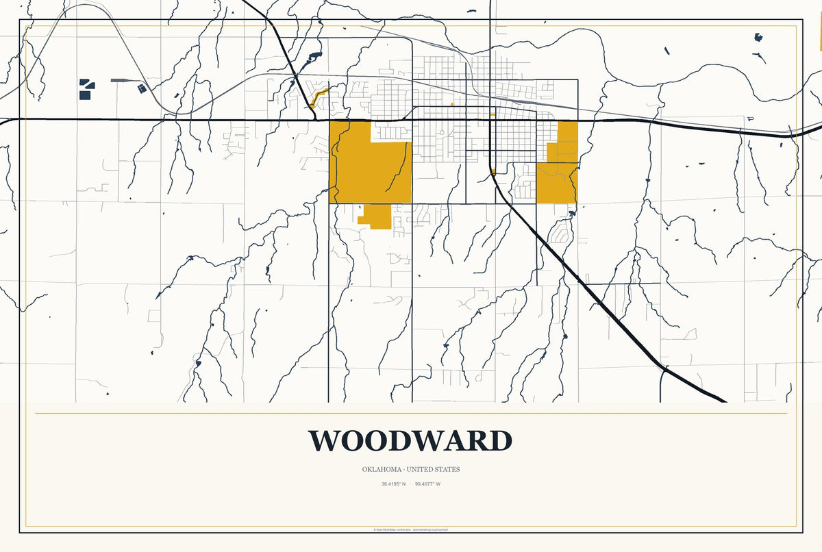 Woodward, Oklahoma City Map Aluminum Sign in Citrine Modern style