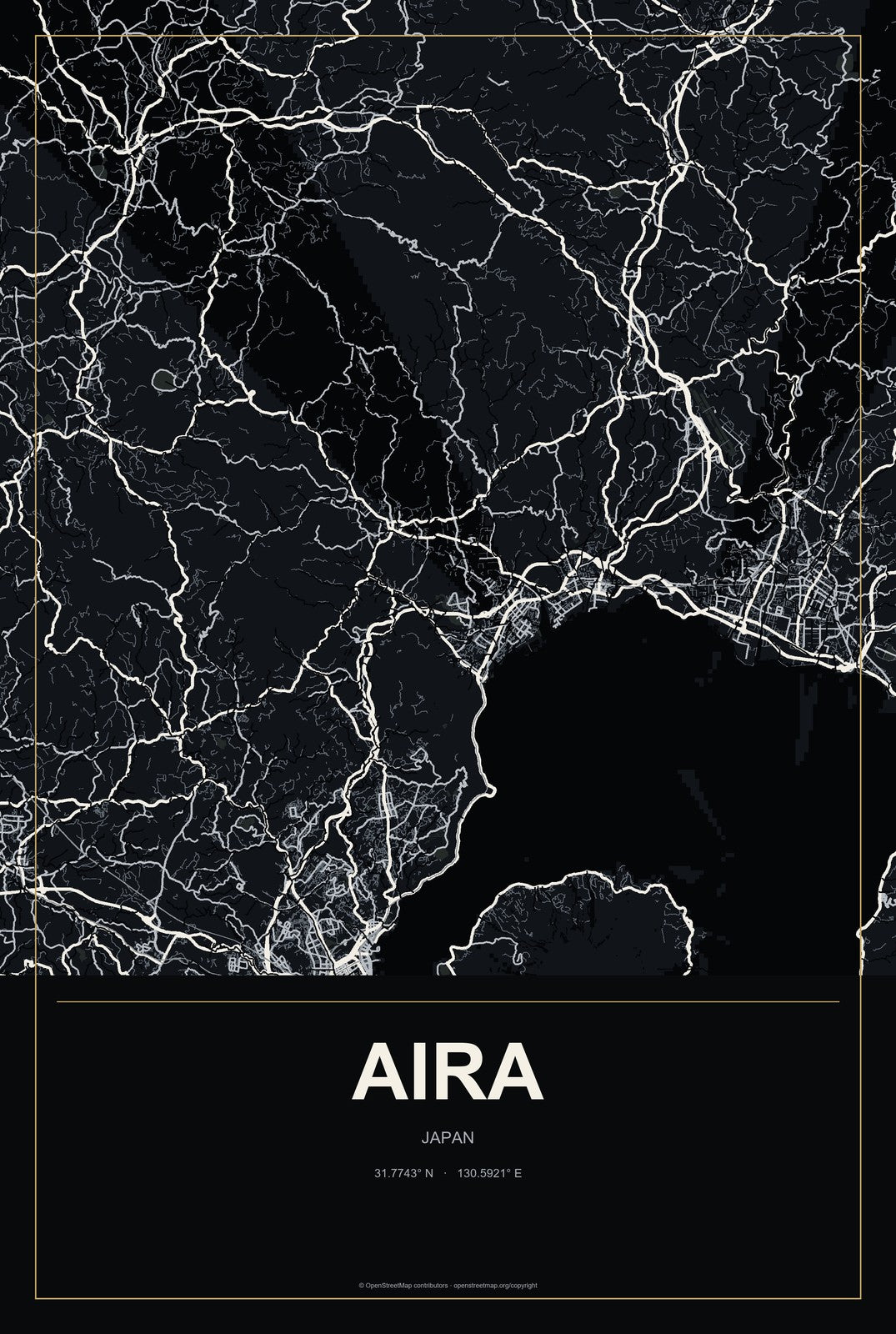 Aira, Japan City Map Aluminum Sign in Metropolitan Noir style