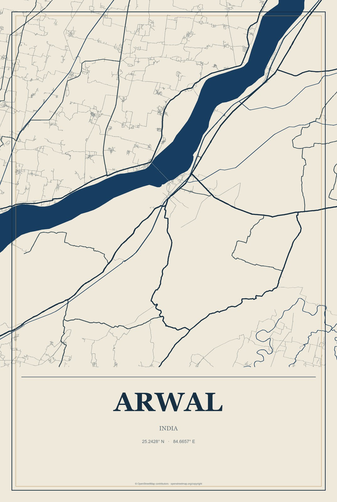 Arwal, India City Map Aluminum Sign in Coastal Cutout style