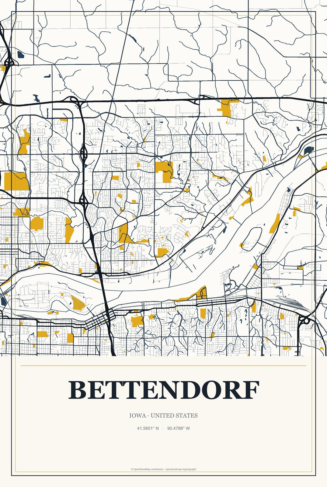Bettendorf, Iowa City Map Aluminum Sign in Citrine Modern style