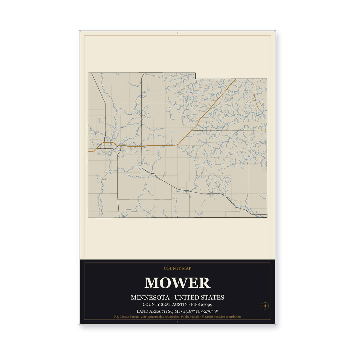 Mower County, Minnesota Map Aluminum Sign in Museum Plaque style