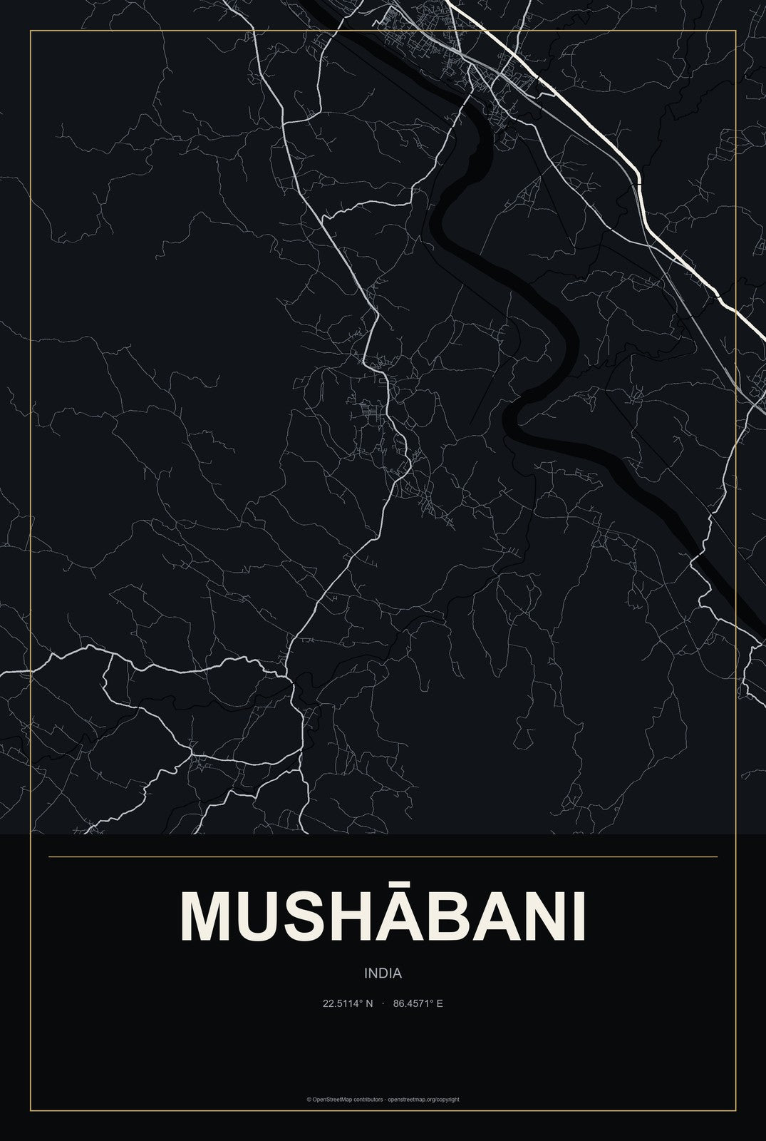 Mushābani, India City Map Aluminum Sign in Metropolitan Noir style
