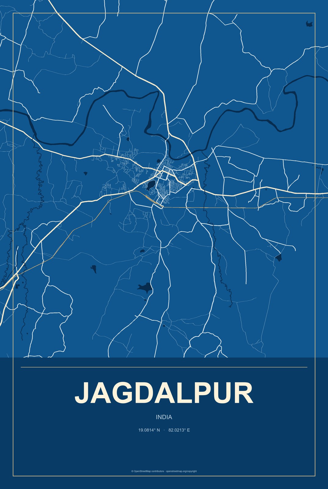 Jagdalpur, India City Map Aluminum Sign in Harbor Cobalt style