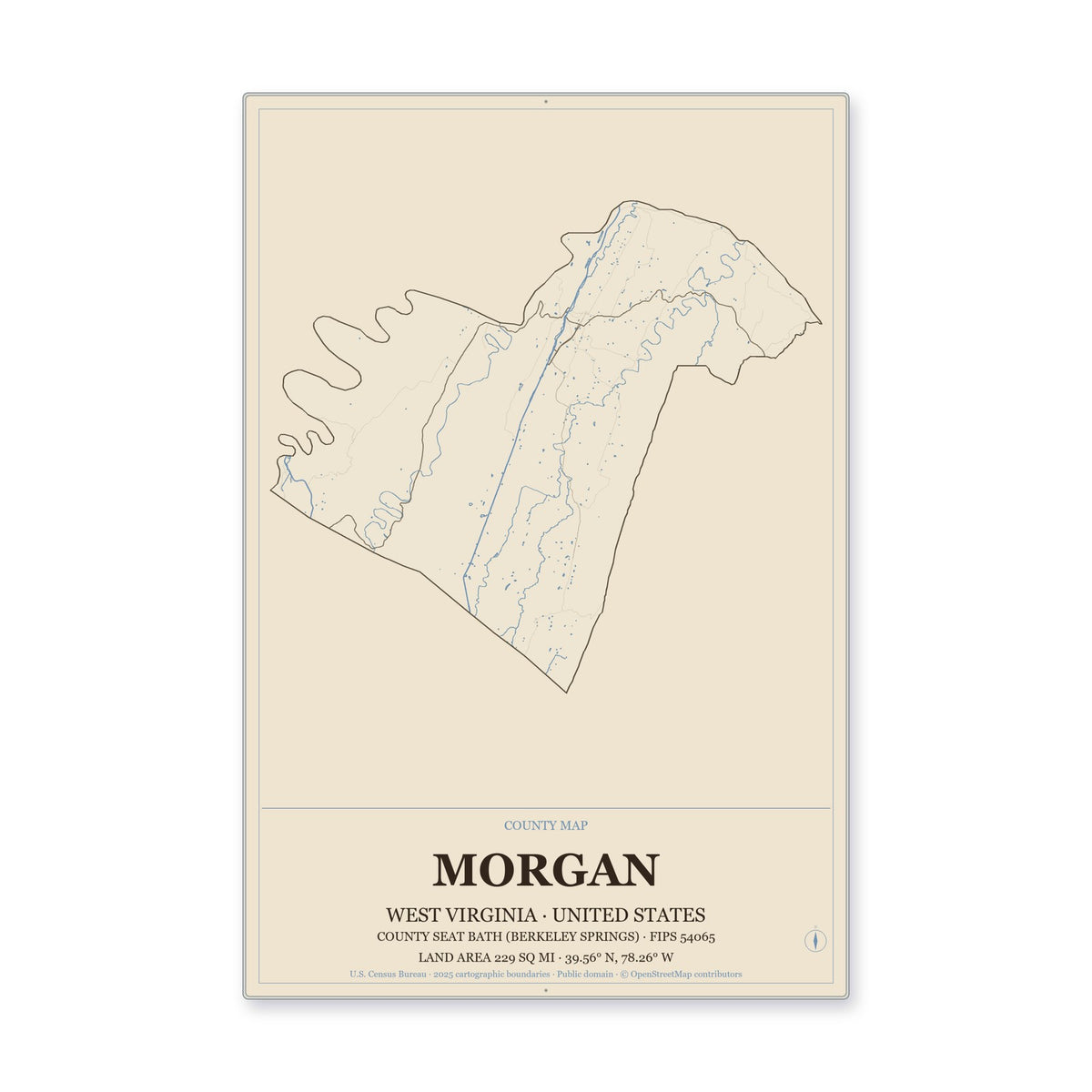 Morgan County, West Virginia Map Aluminum Sign in Heritage Nautical style