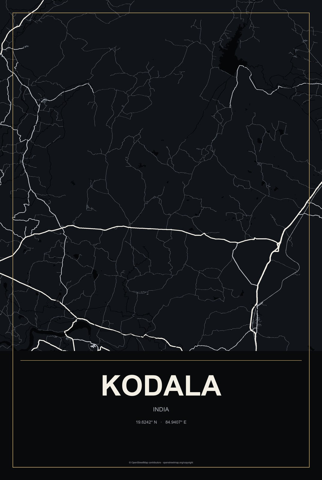 Kodala, India City Map Aluminum Sign in Metropolitan Noir style