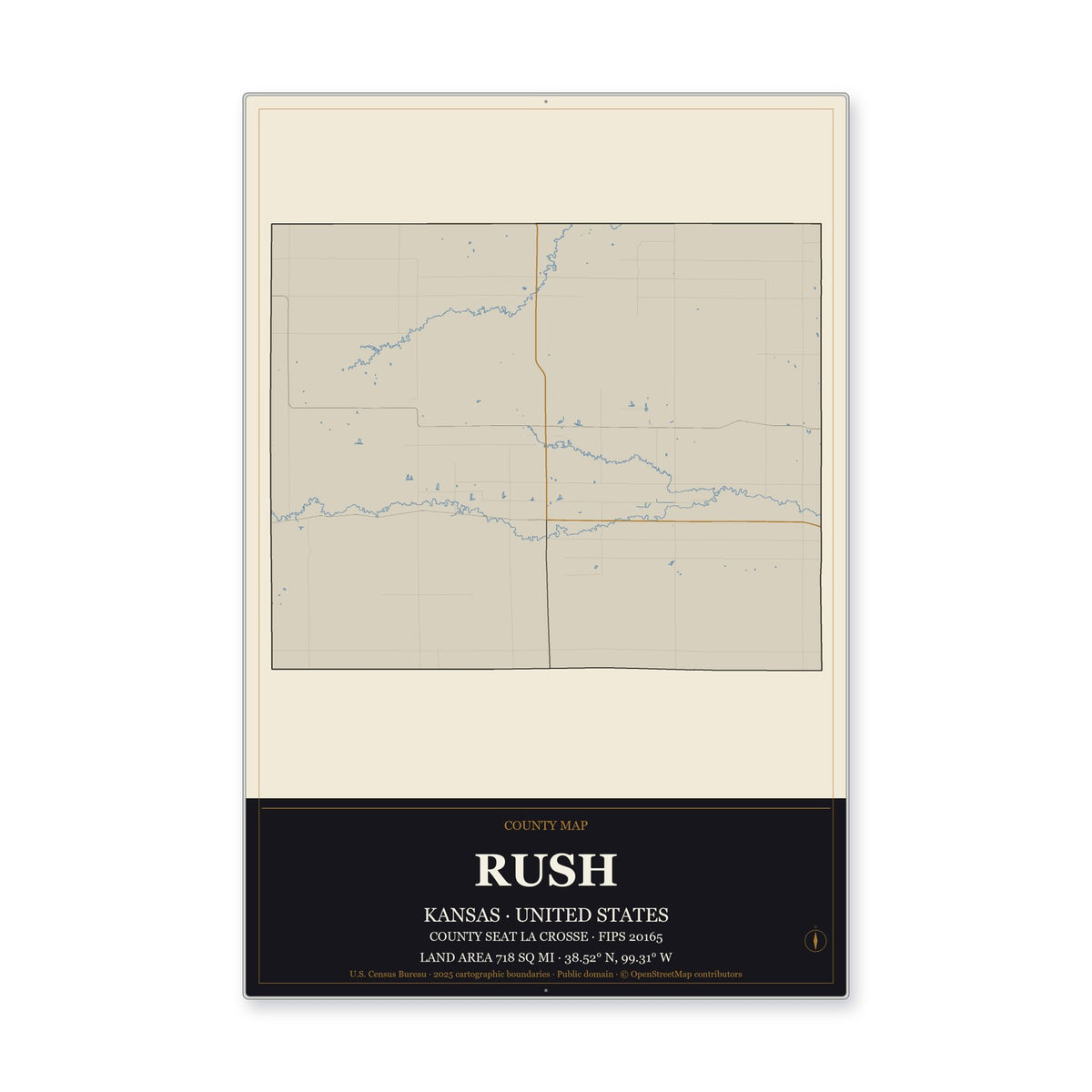 Rush County, Kansas Map Aluminum Sign in Museum Plaque style