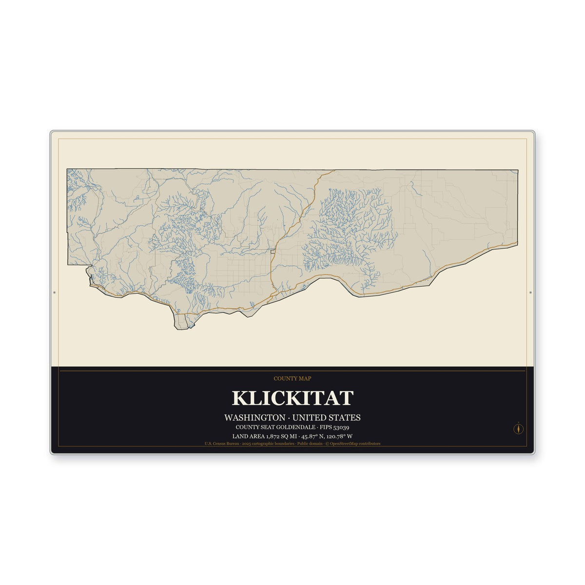 Klickitat County, Washington Map Aluminum Sign in Museum Plaque style