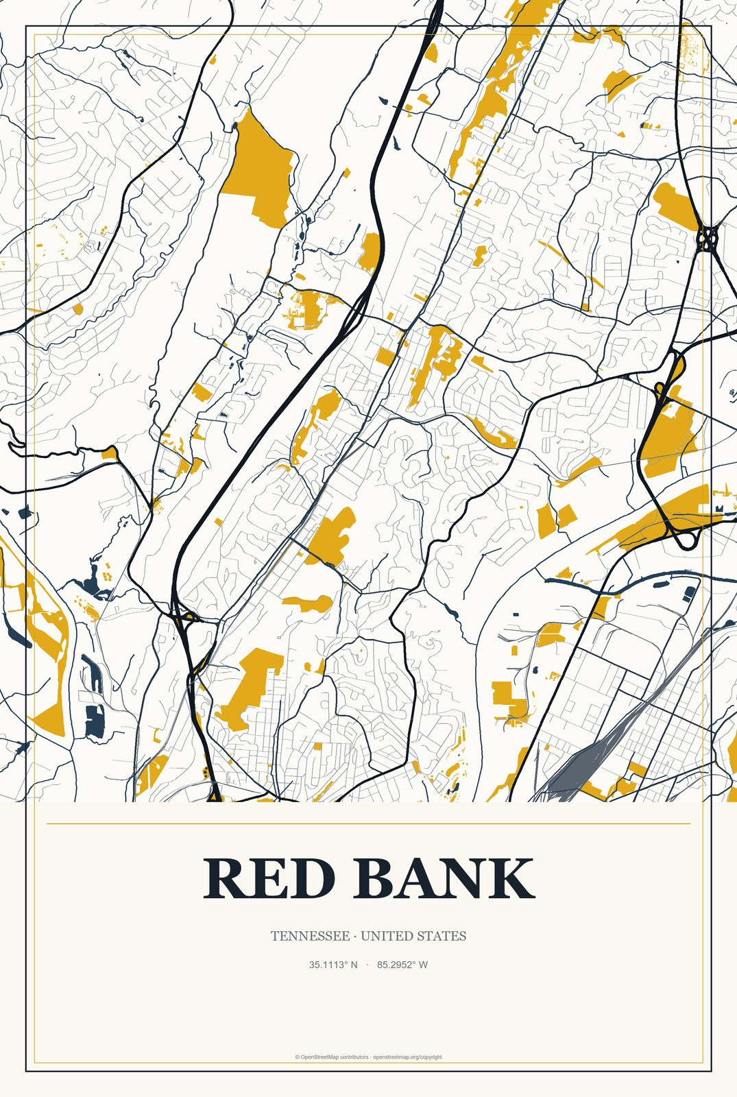 Red Bank, Tennessee City Map Aluminum Sign in Citrine Modern style