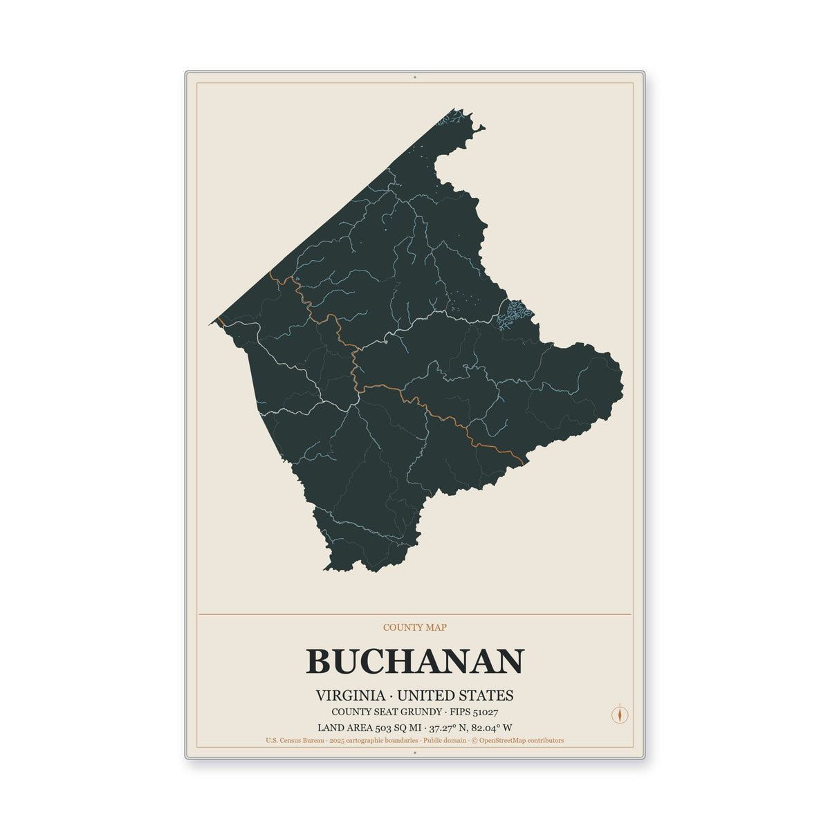 Buchanan County, Virginia Map Aluminum Sign in Headline Atlas style