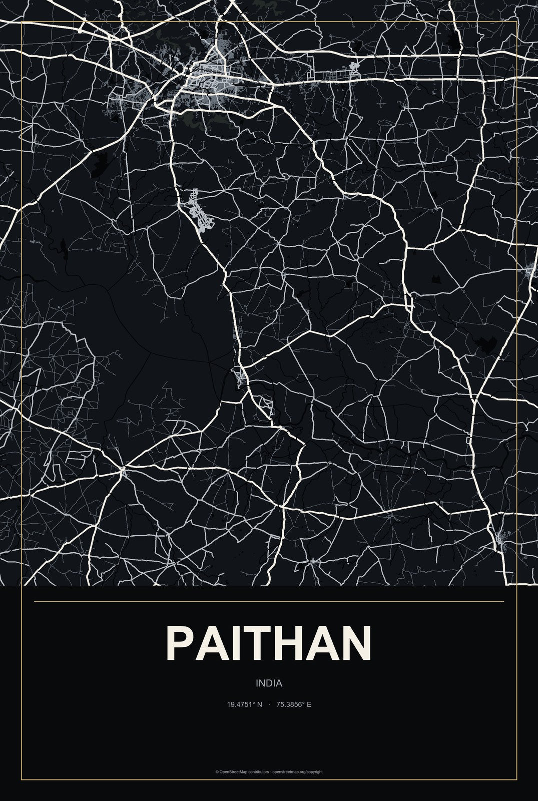 Paithan, India City Map Aluminum Sign in Metropolitan Noir style