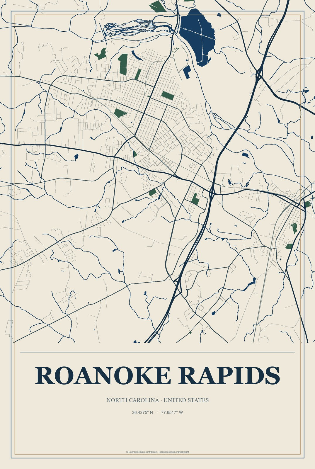 Roanoke Rapids, North Carolina City Map Aluminum Sign in Coastal Cutout style