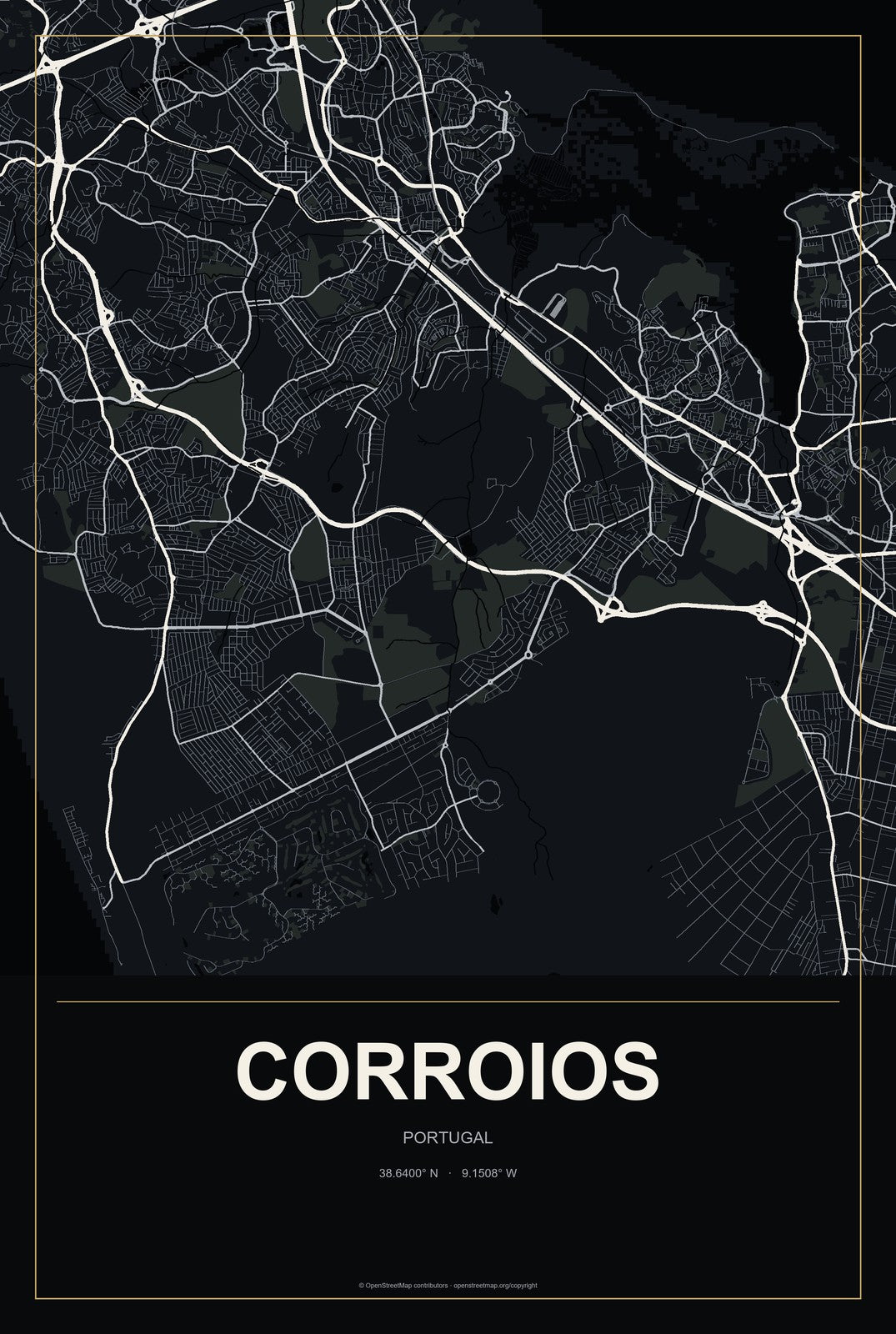 Corroios, Portugal City Map Aluminum Sign in Metropolitan Noir style