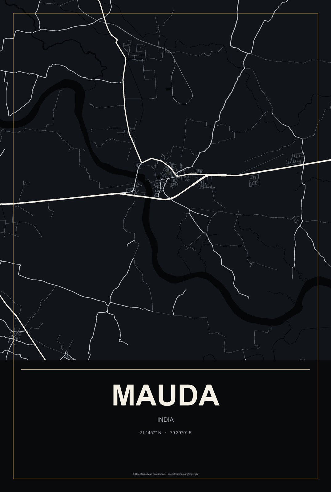 Mauda, India City Map Aluminum Sign in Metropolitan Noir style