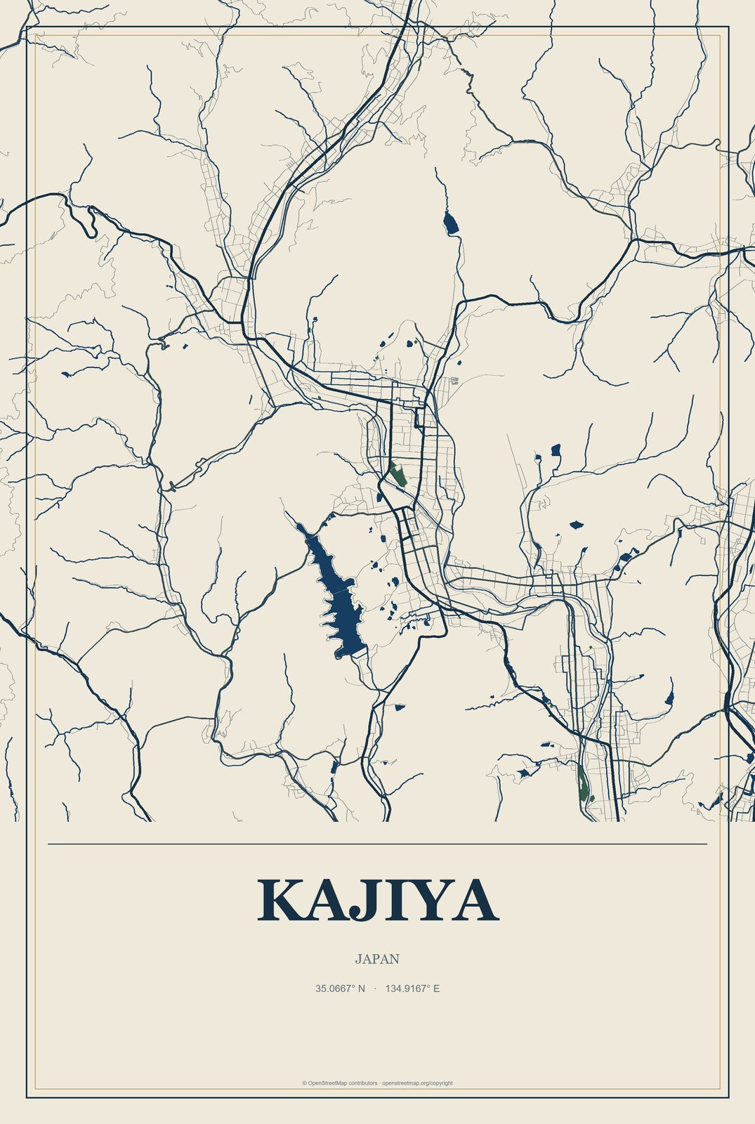 Kajiya, Japan City Map Aluminum Sign in Coastal Cutout style