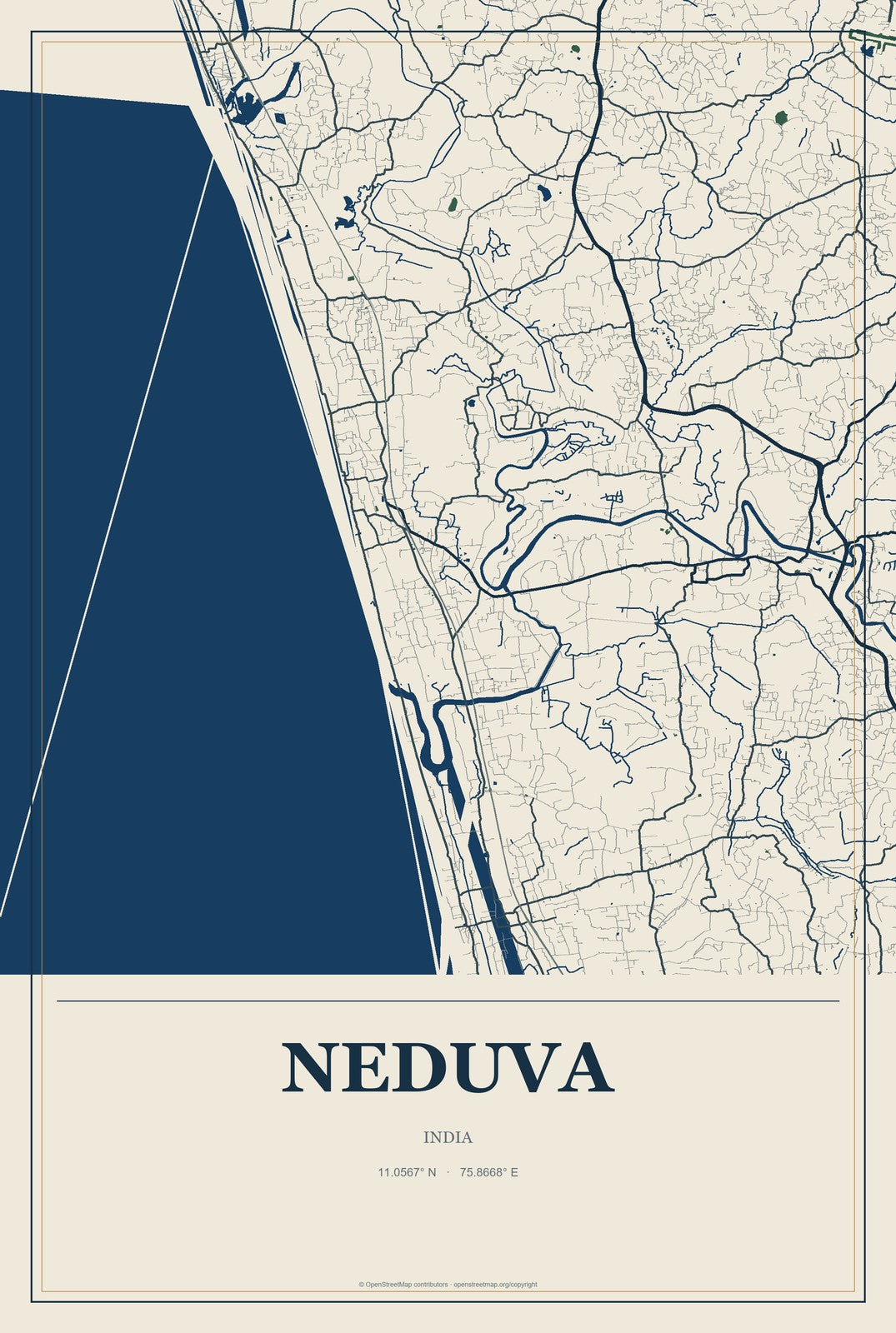 Neduva, India City Map Aluminum Sign in Coastal Cutout style