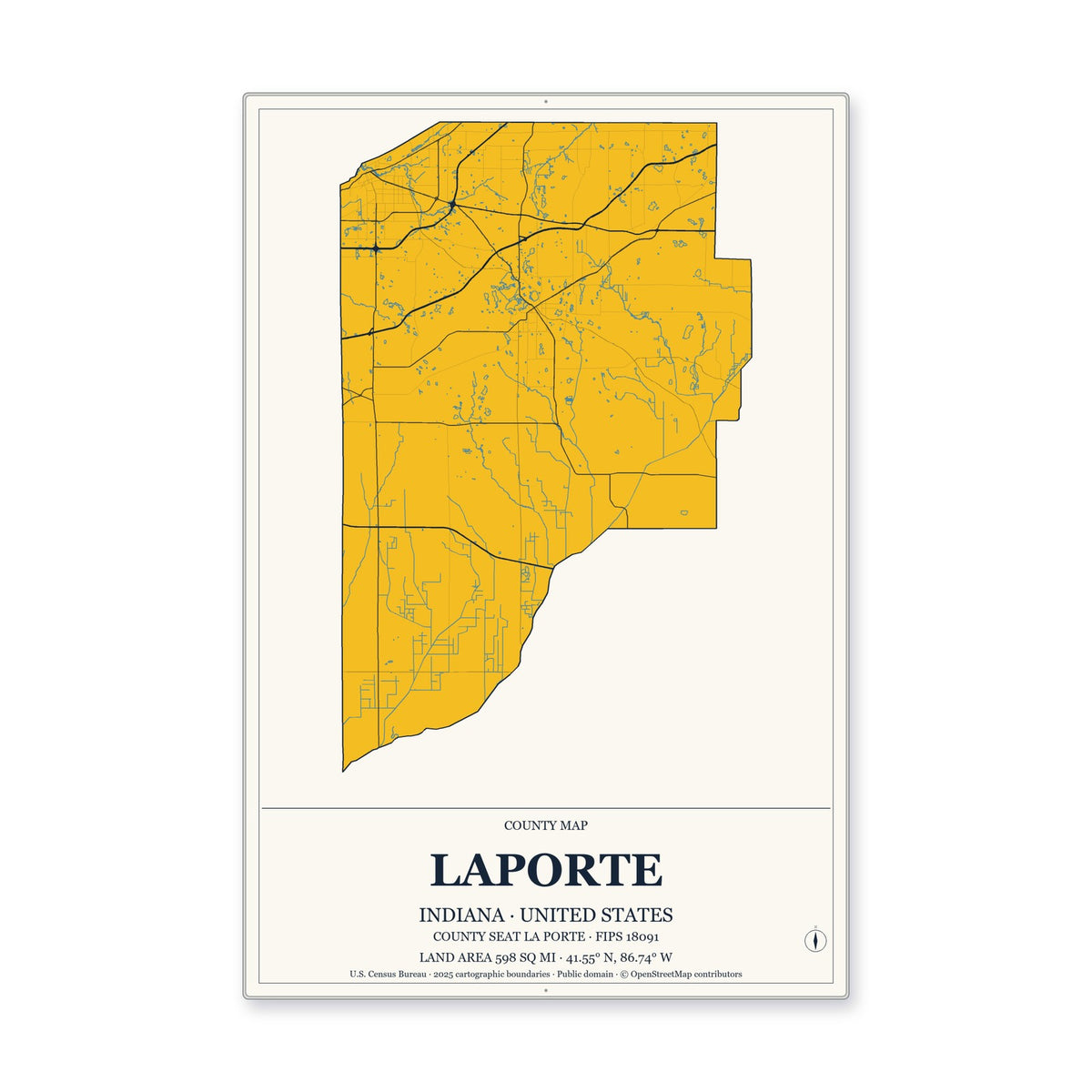LaPorte County, Indiana Map Aluminum Sign in Citrine Modern style