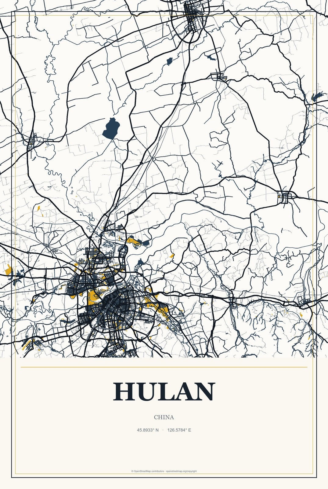 Hulan, China City Map Aluminum Sign in Citrine Modern style