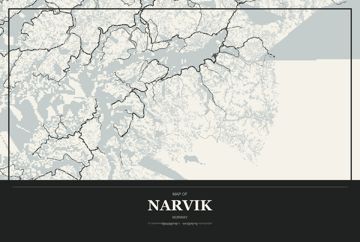 Narvik, Norway City Map Aluminum Sign in Museum Plaque style