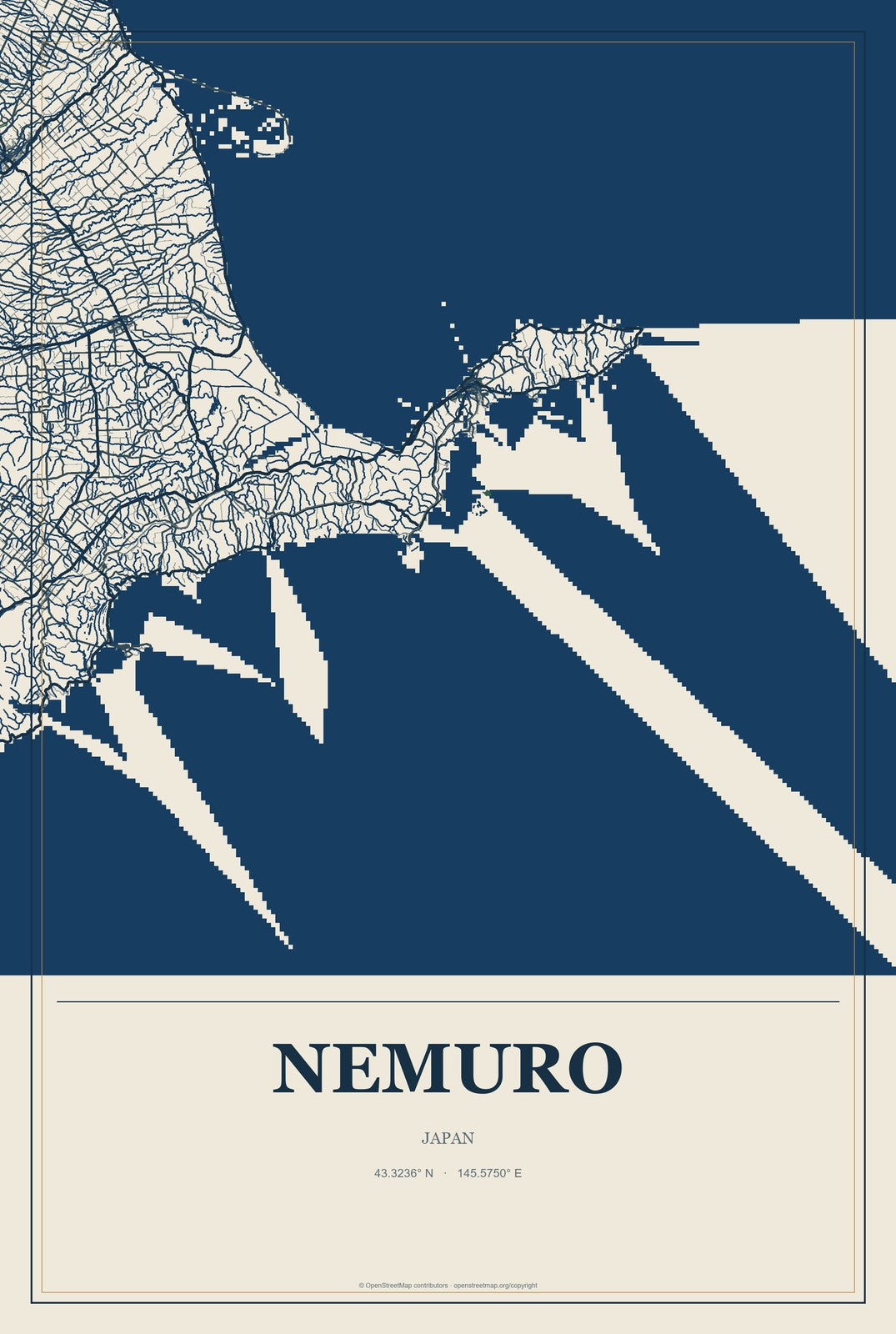 Nemuro, Japan City Map Aluminum Sign in Coastal Cutout style