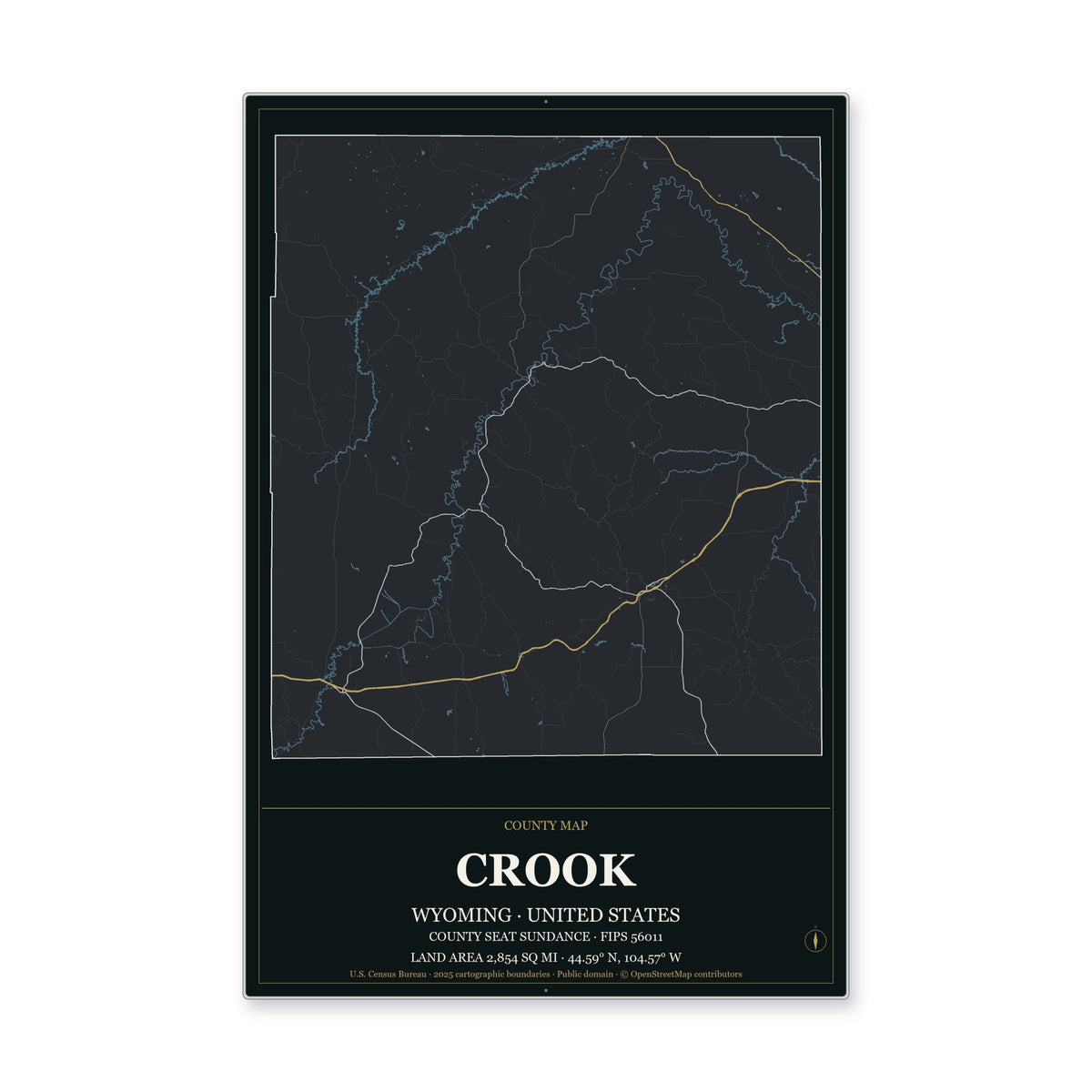 Crook County, Wyoming Map Aluminum Sign in Metropolitan Noir style