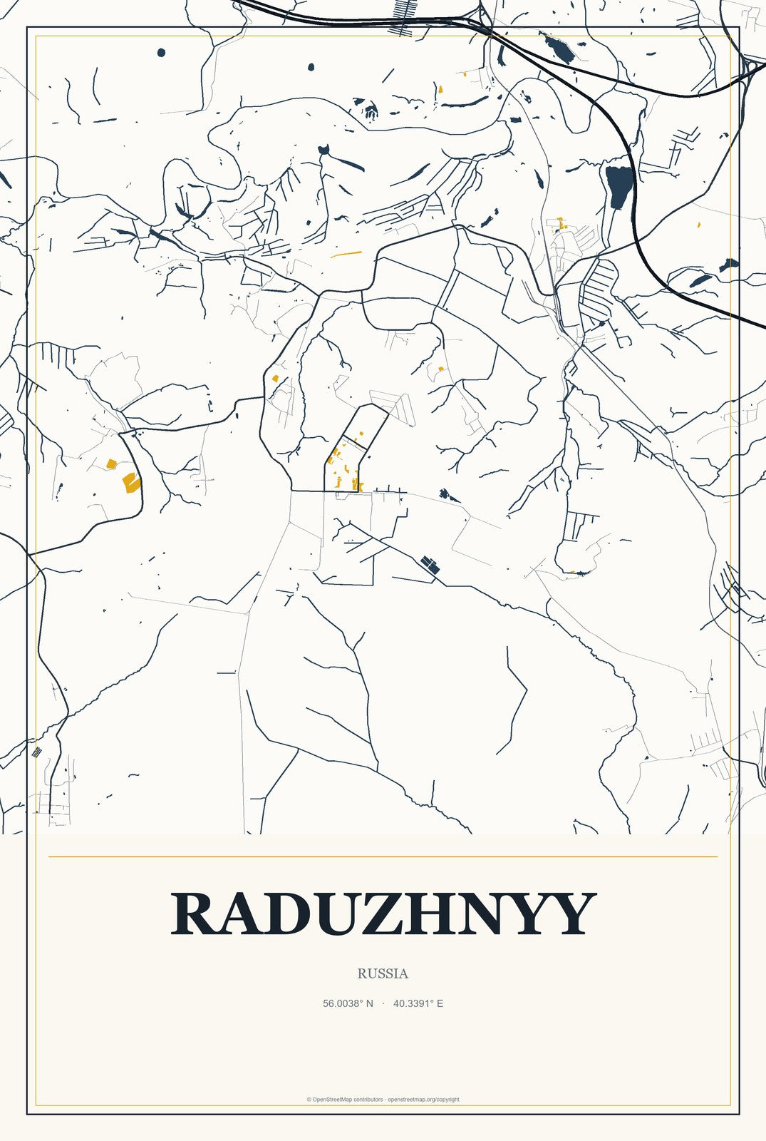 Raduzhnyy, Kirov Oblast, Russia City Map Aluminum Sign in Citrine Modern style