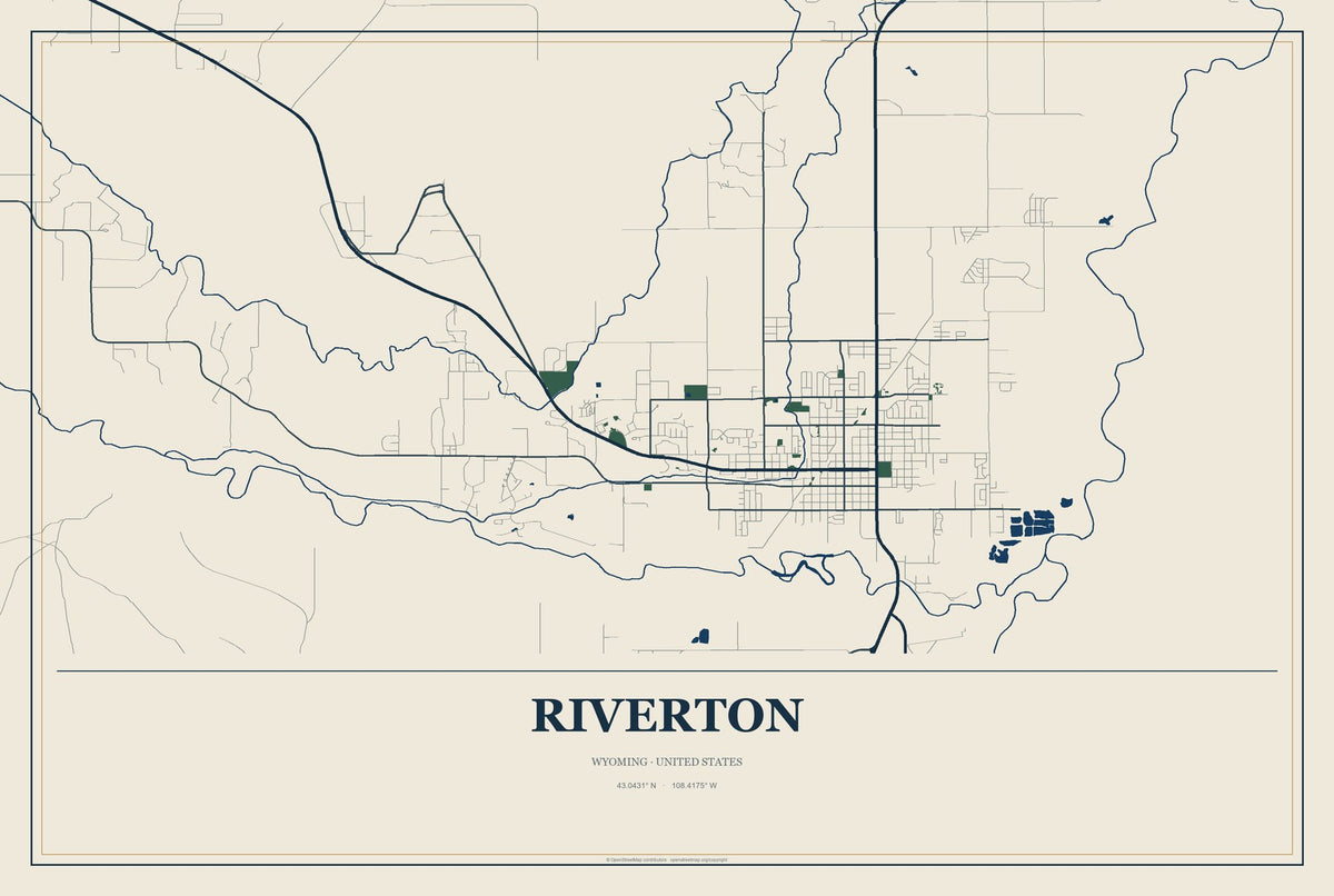 Riverton, Wyoming City Map Aluminum Sign in Coastal Cutout style