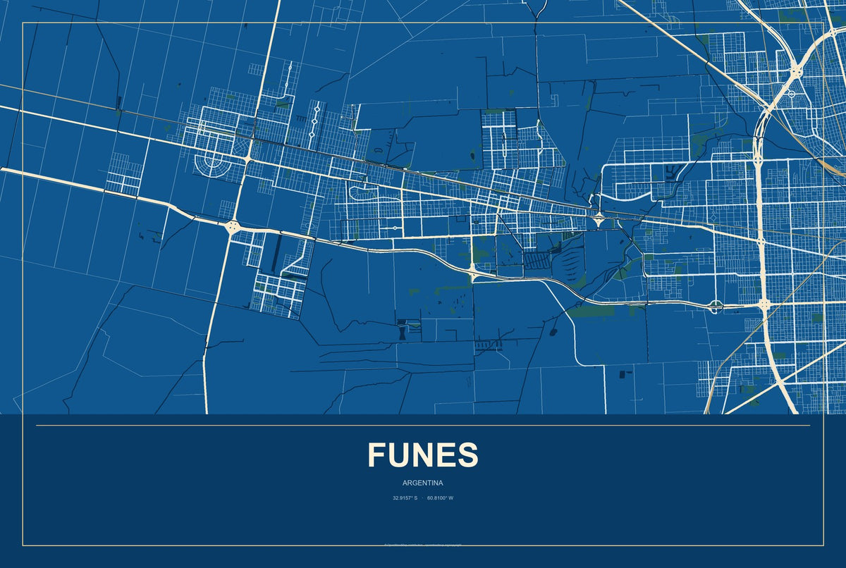 Funes, Argentina City Map Aluminum Sign in Harbor Cobalt style