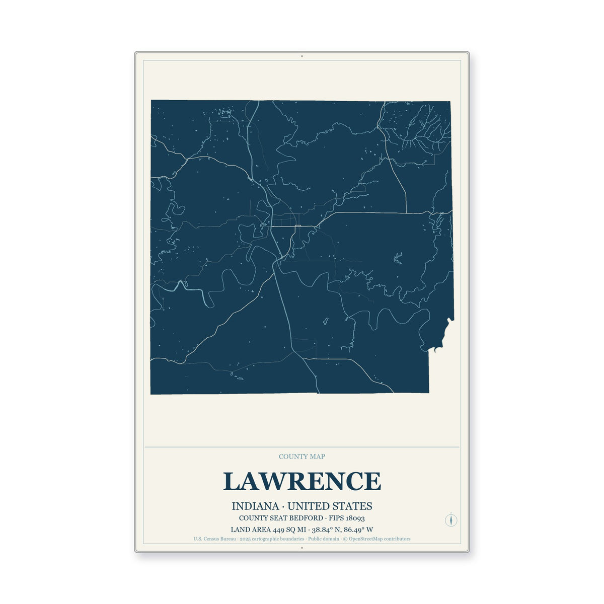 Lawrence County, Indiana Map Aluminum Sign in Coastal Cutout style