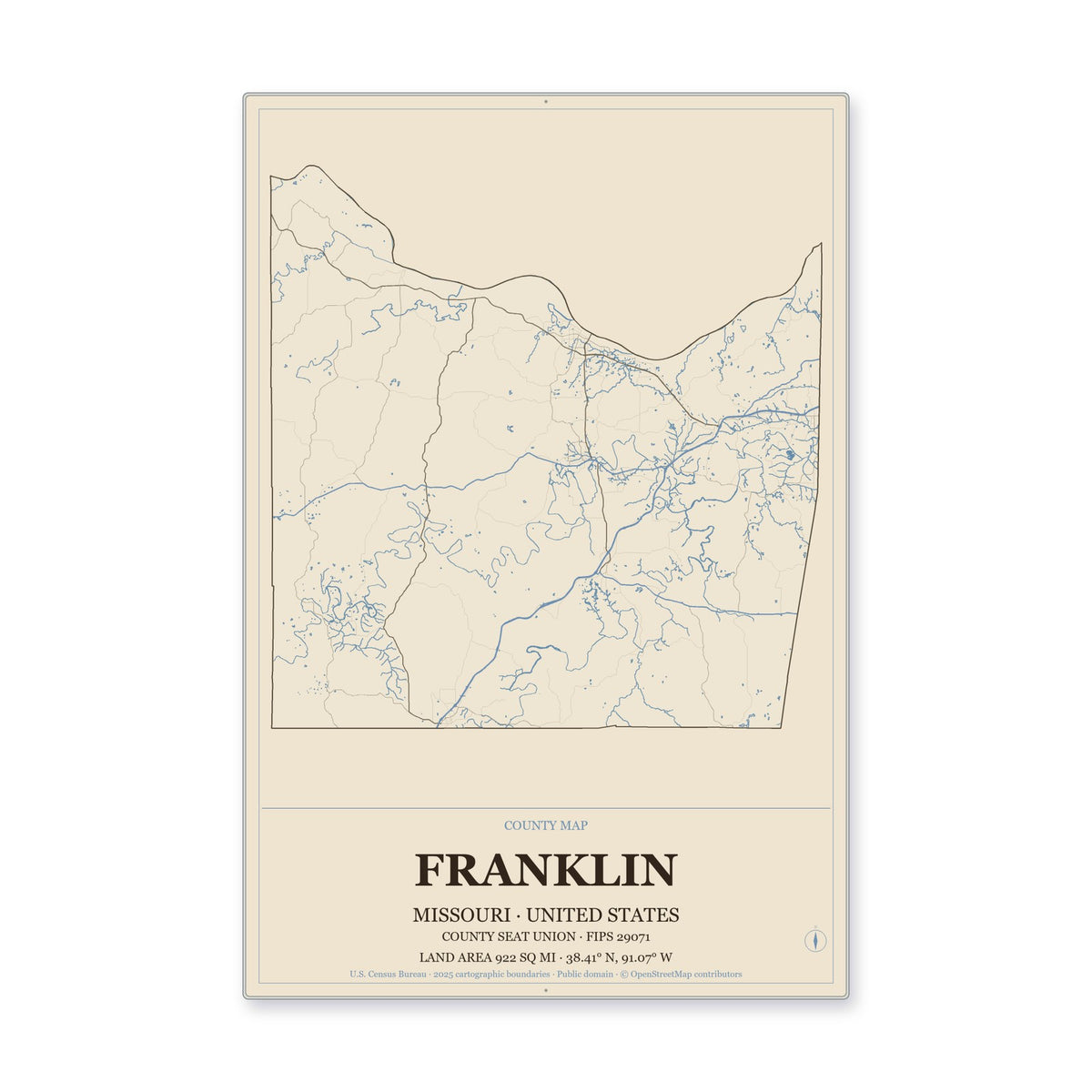 Franklin County, Missouri Map Aluminum Sign in Heritage Nautical style