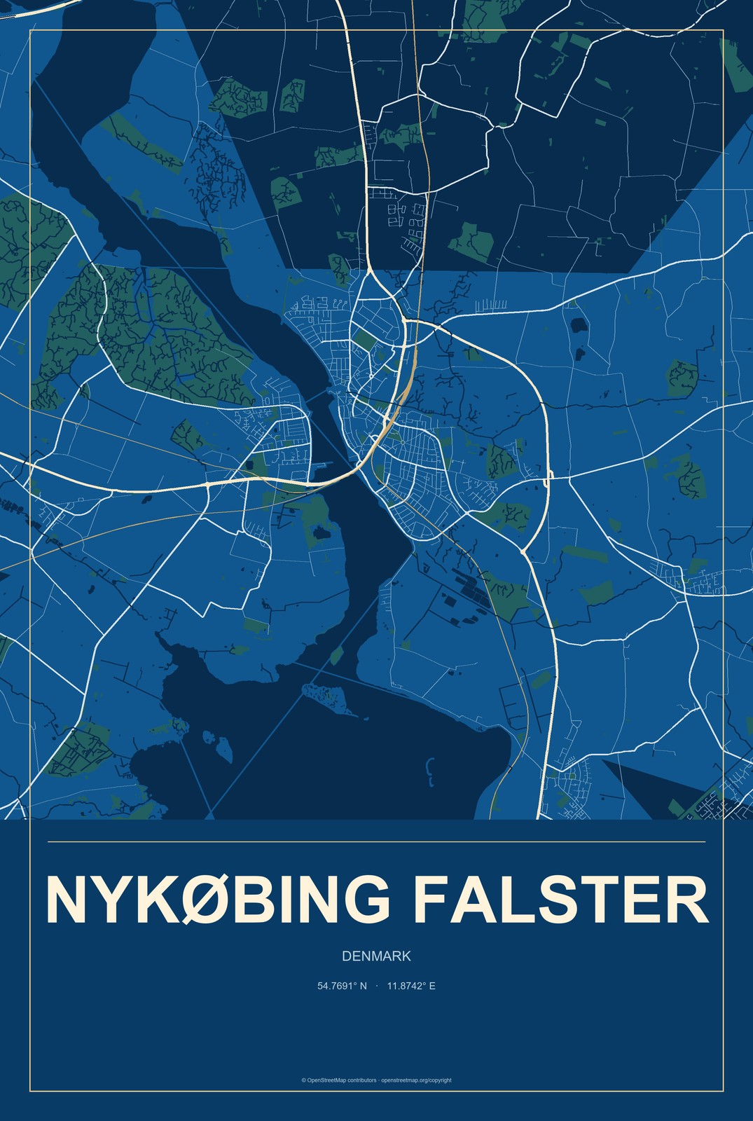 Nykøbing Falster, Denmark City Map Aluminum Sign in Harbor Cobalt style