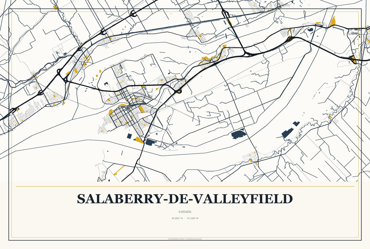 Salaberry-de-Valleyfield, Canada City Map Aluminum Sign in Citrine Modern style