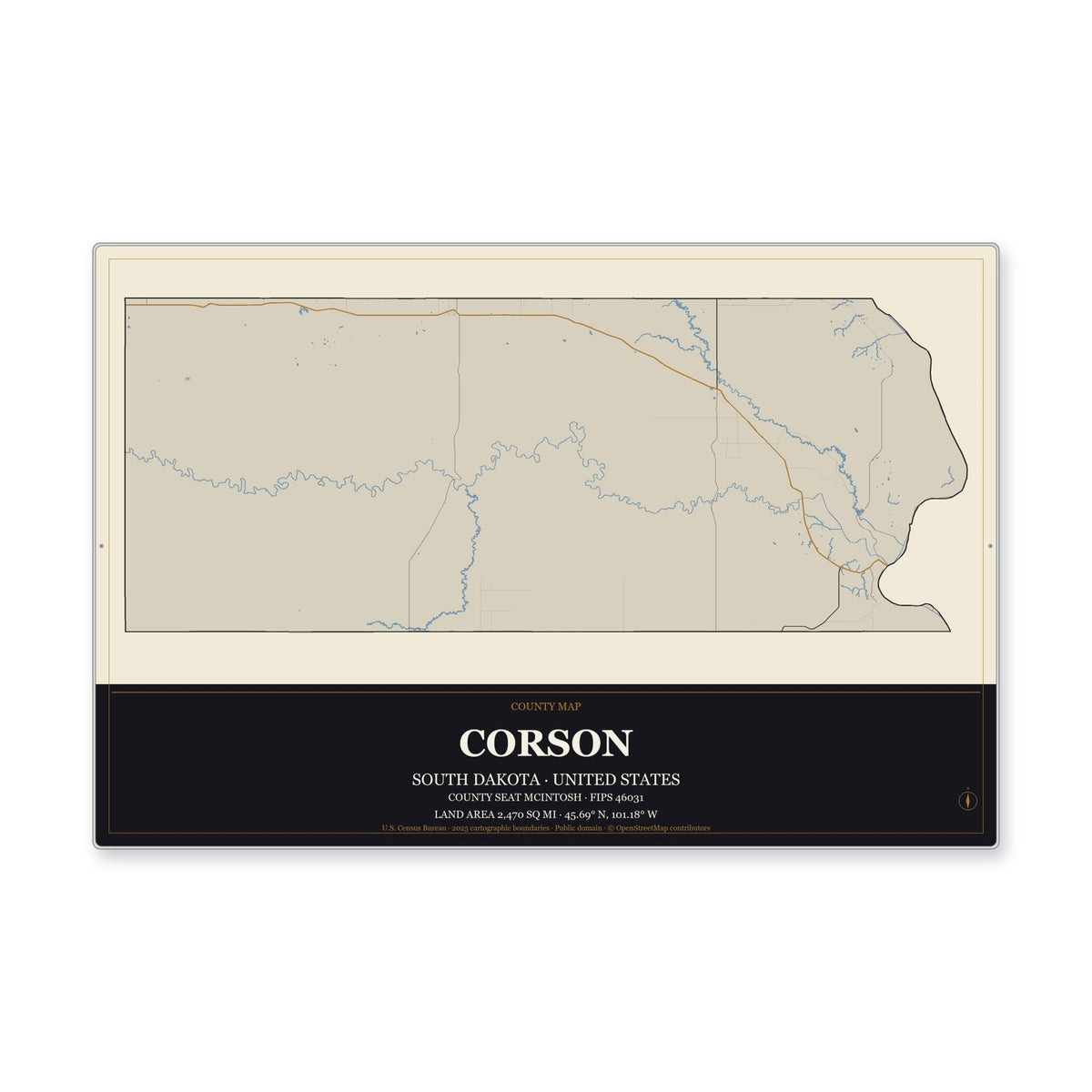 Corson County, South Dakota Map Aluminum Sign in Museum Plaque style