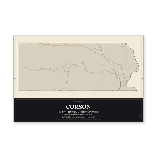 Corson County, South Dakota Map Aluminum Sign in Museum Plaque style