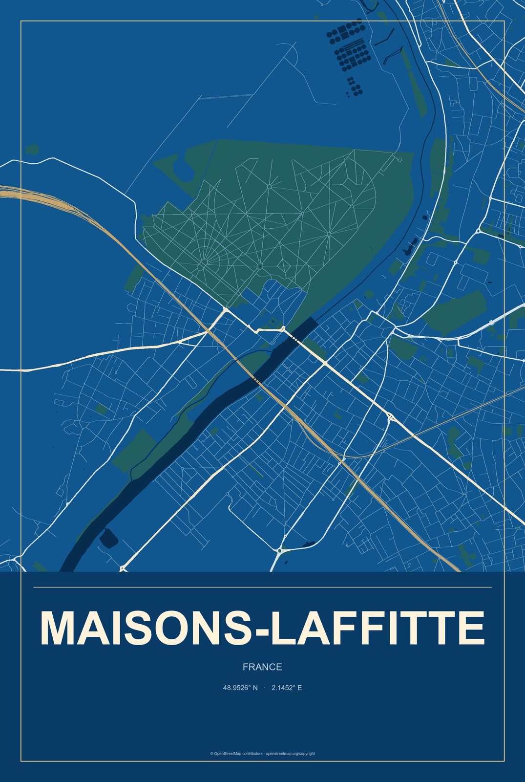 Maisons-Laffitte, France City Map Aluminum Sign in Harbor Cobalt style