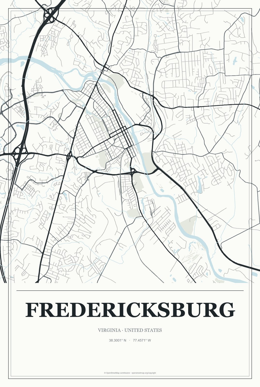 Fredericksburg, Virginia City Map Aluminum Sign in Gallery Air style
