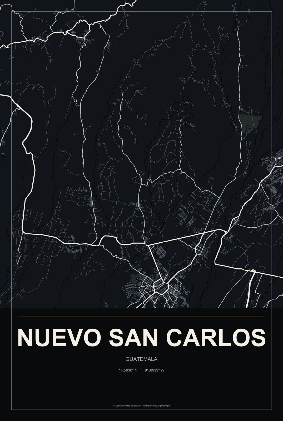 Nuevo San Carlos, Guatemala City Map Aluminum Sign in Metropolitan Noir style
