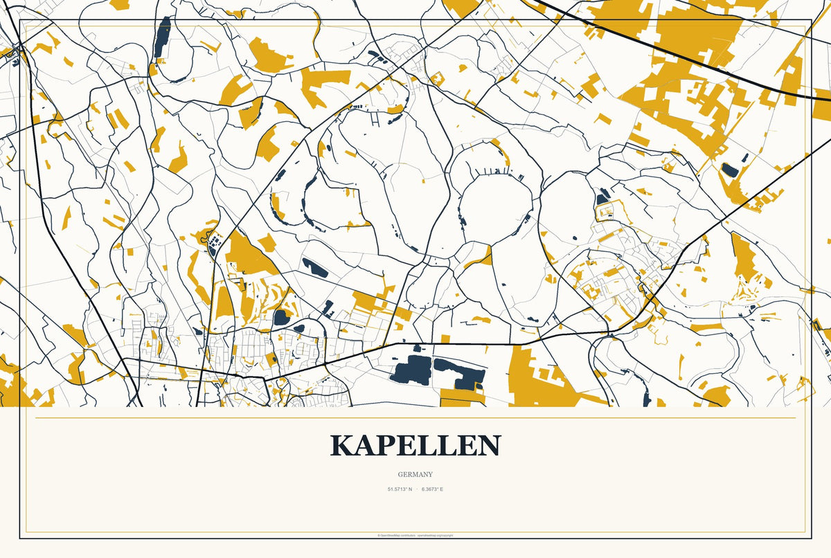 Kapellen, Germany City Map Aluminum Sign in Citrine Modern style