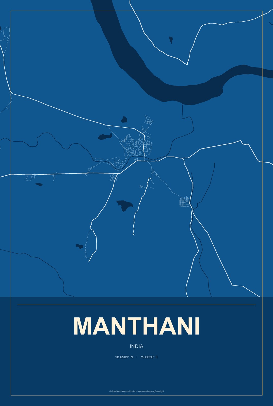 Manthani, India City Map Aluminum Sign in Harbor Cobalt style