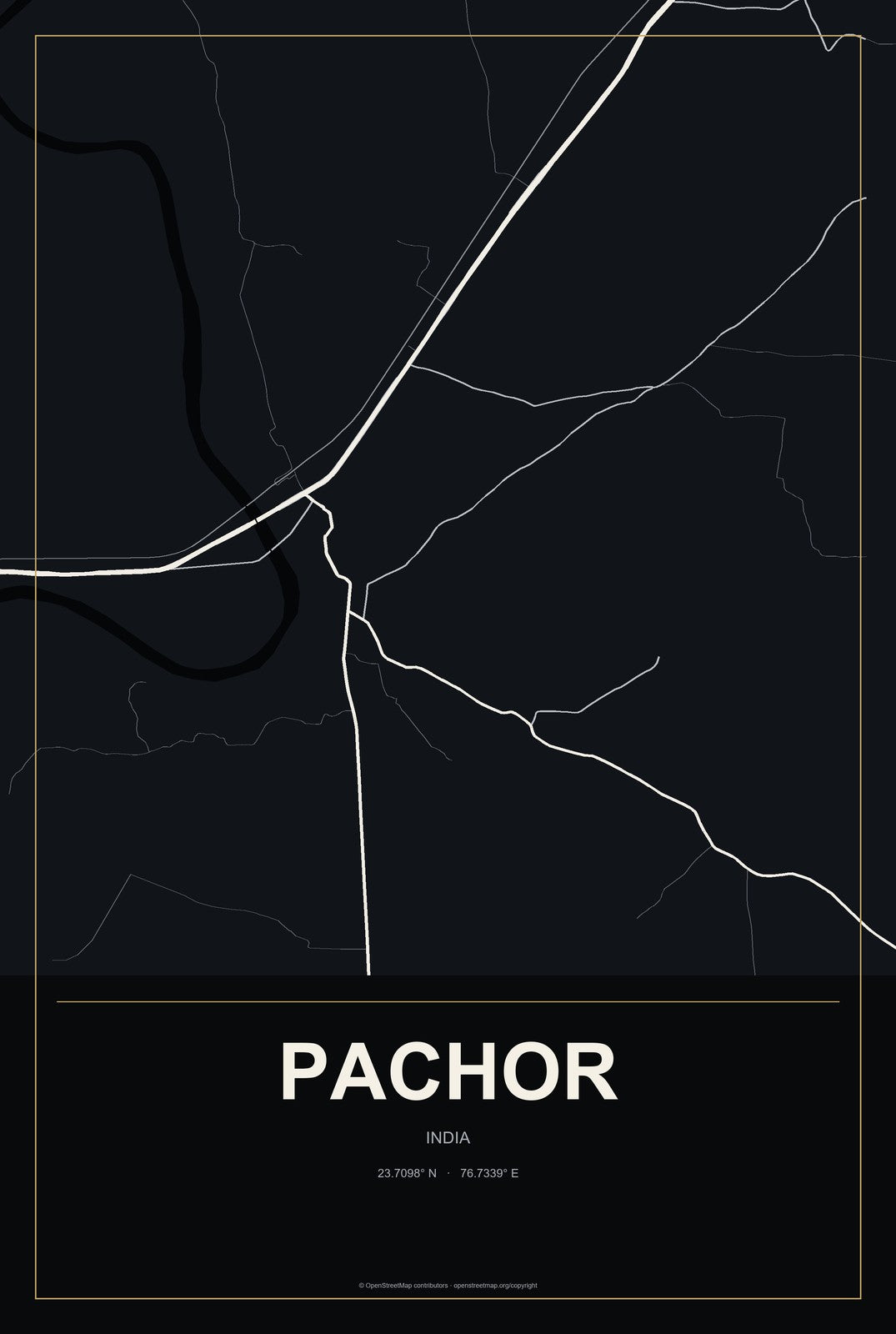 Pachor, India City Map Aluminum Sign in Metropolitan Noir style