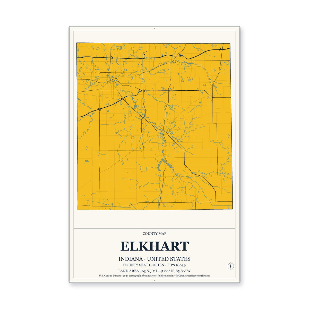 Elkhart County, Indiana Map Aluminum Sign in Citrine Modern style