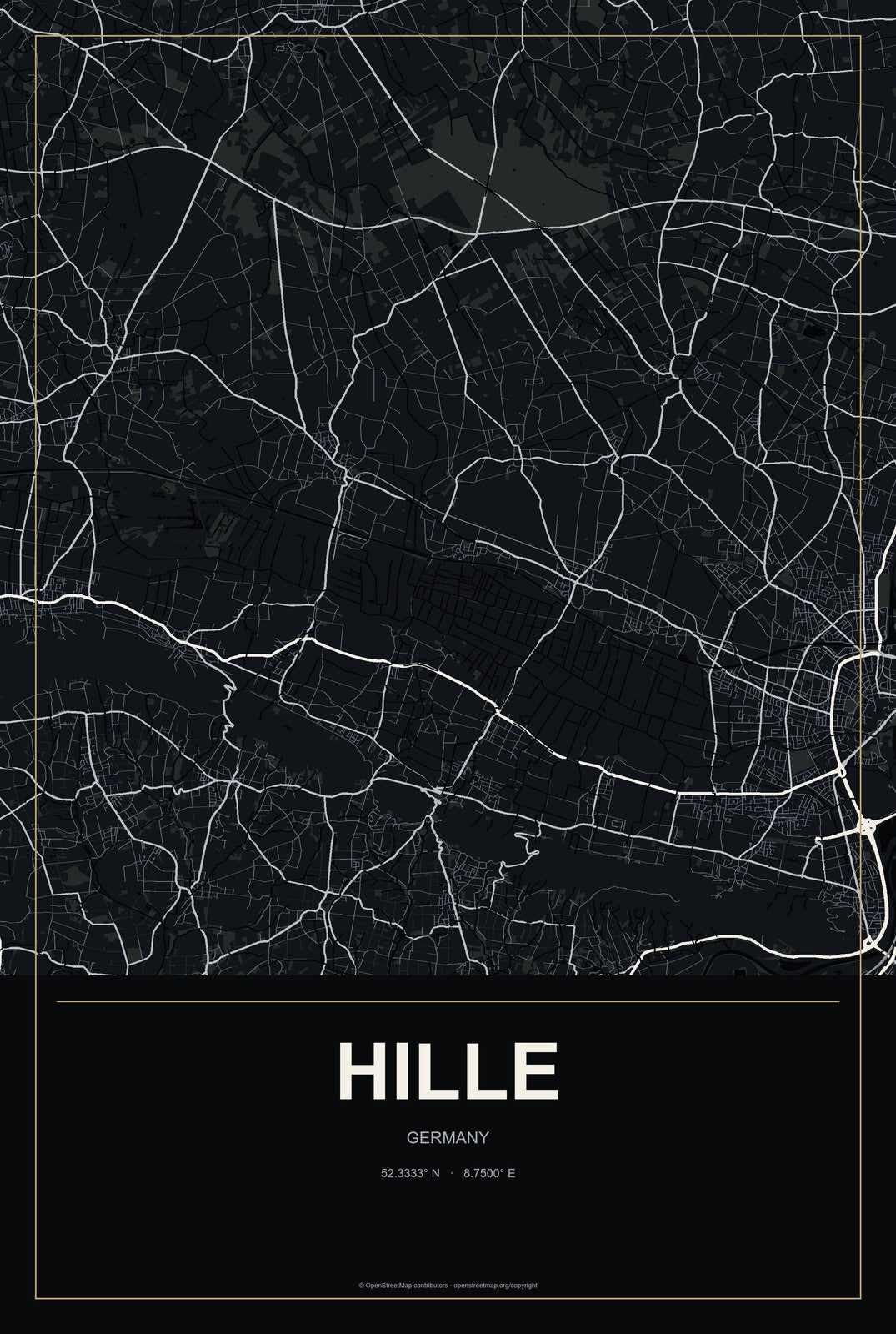 Hille, Germany City Map Aluminum Sign in Metropolitan Noir style