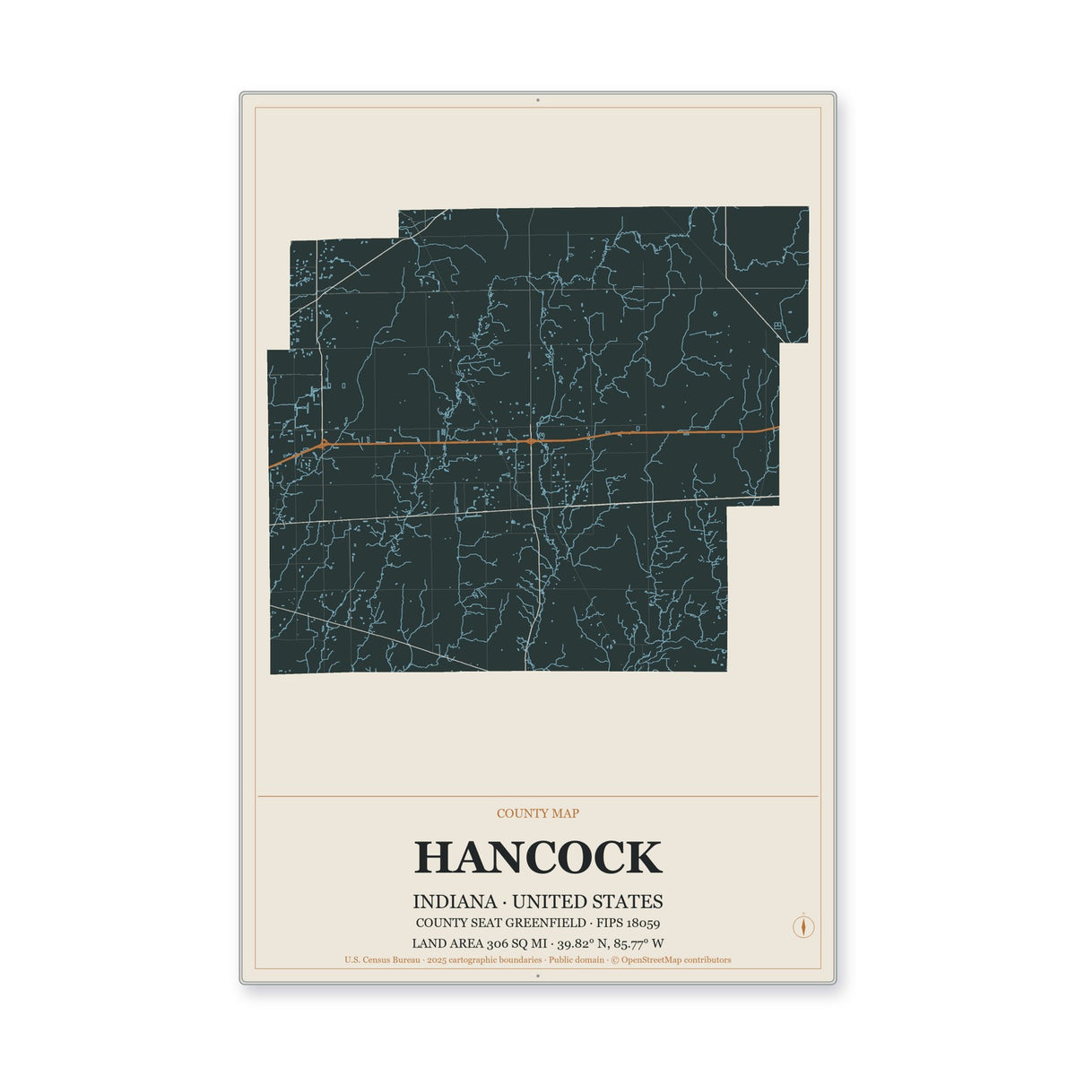 Hancock County, Indiana Map Aluminum Sign in Headline Atlas style